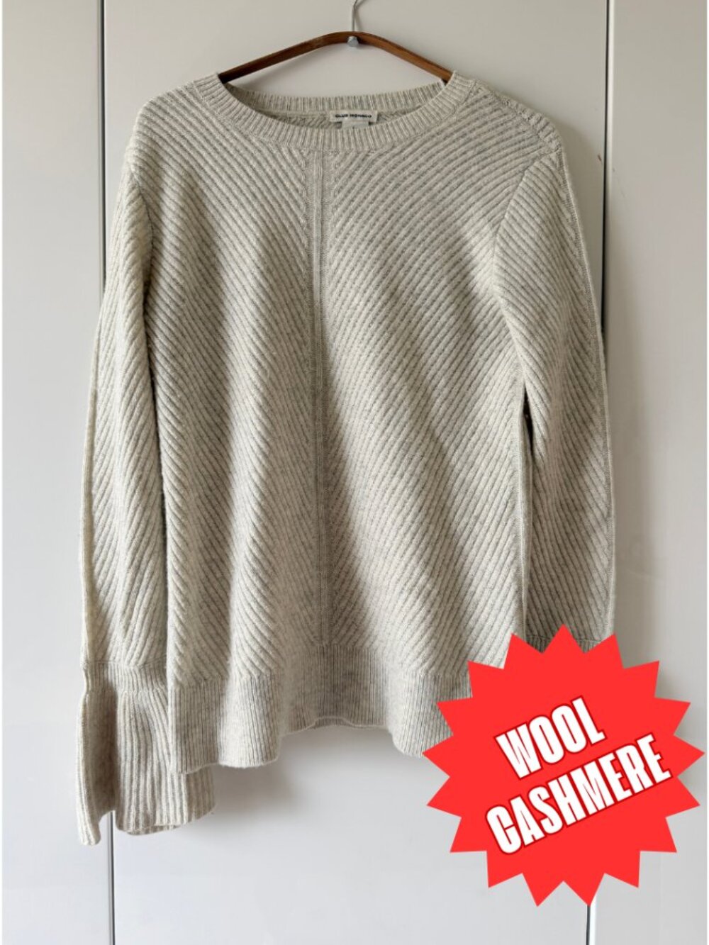 Club Monaco Wool Cashmere Bell Sleeve Ribbed Sweater Heather Gray Women's S